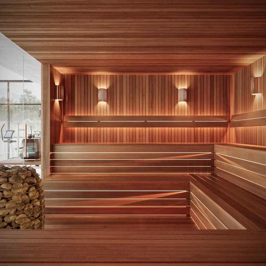 Luxury sauna interior with cedar benches